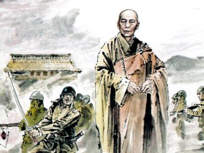 1944年日軍掃蕩大嶼山時期，港九大隊副大隊長魯風正在寶蓮寺養病。面對日軍 架在脖子上的屠刀，寺廟住持筏可大師臨危不懼，被打得遍體鱗傷也不暴露游擊隊長的行蹤，魯風得以脫險。(陳挺通畫作)