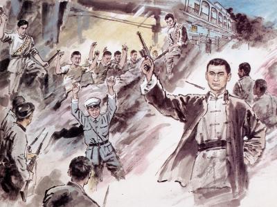 1944年10月，港九大隊大嶼山中隊襲擊大澳偽警察局，俘虜30多名警察，繳槍39 支。(陳挺通畫作)