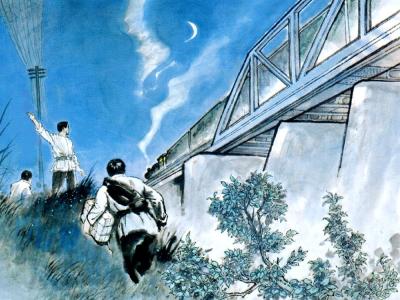 為牽制日軍，1944年4月22日深夜，港九大隊市區中隊爆破窩打老道四號火車橋。 原本開到新界和寶安掃蕩的日軍馬上撤回市區。(陳挺通畫作)